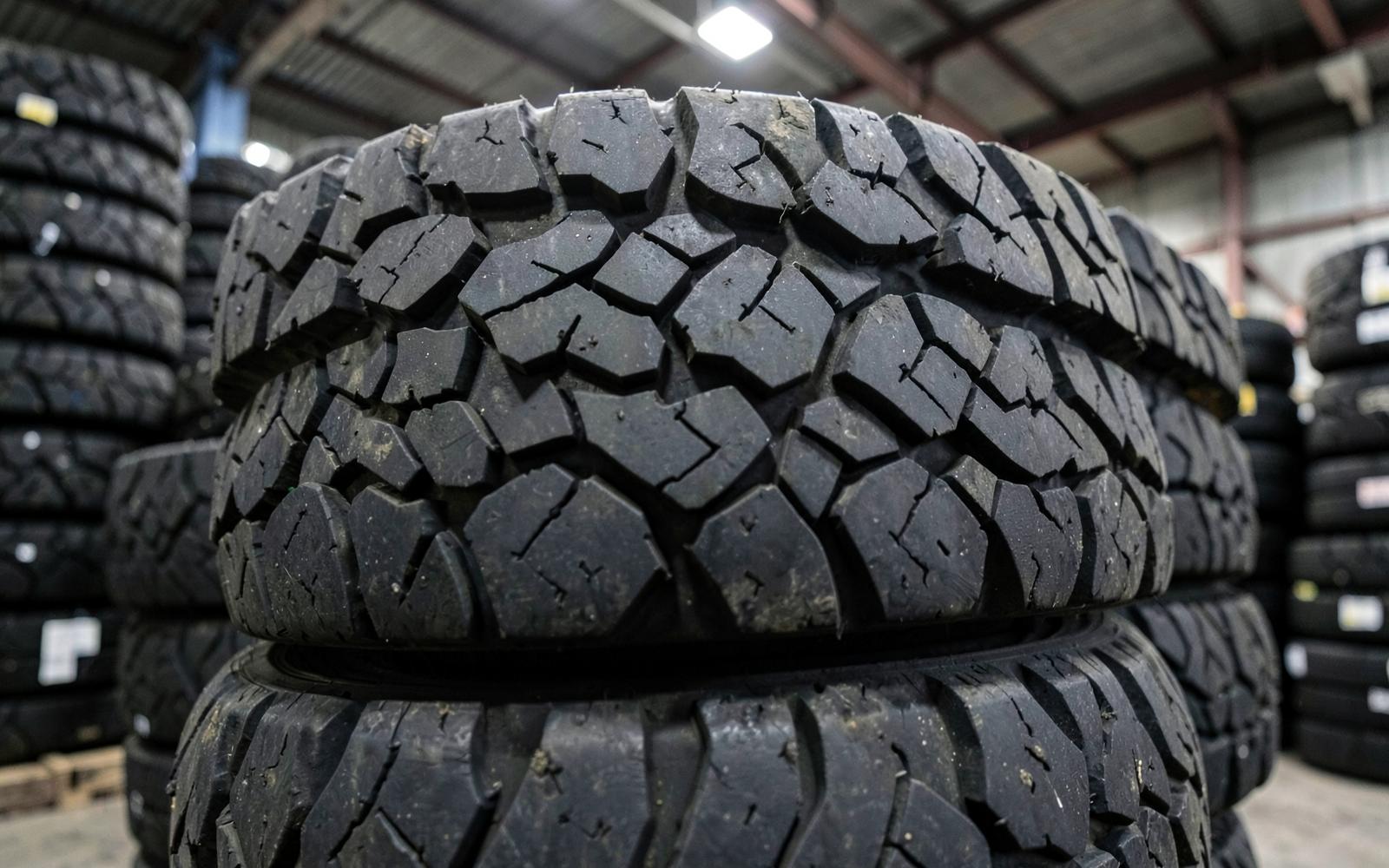 Heavy-duty commercial truck tyres stacked in a warehouse