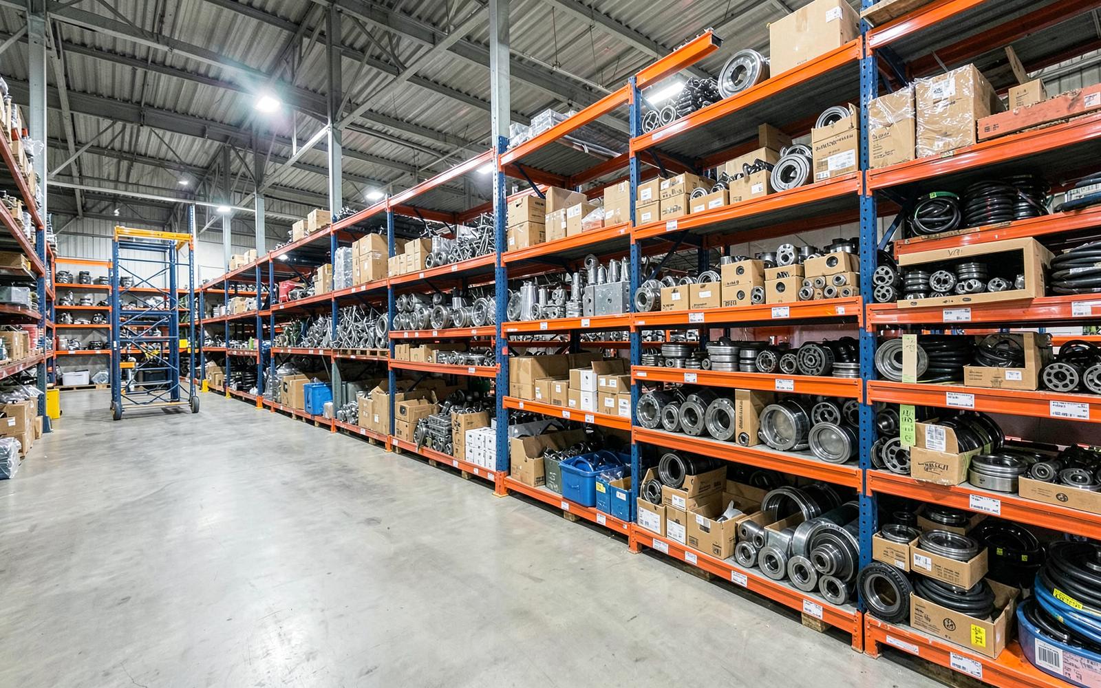 Warehouse shelves stocked with heavy equipment spare parts